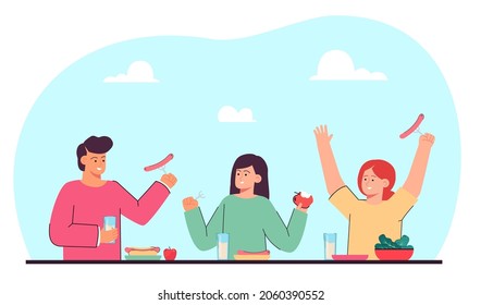 Friends having lunch, dinner or breakfast together at restaurants outdoor room. Cartoon children eating meal flat vector illustration. Food, friendship, outdoor activity concept