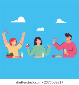 Friends having lunch, dinner or breakfast together at restaurants outdoor room. Cartoon children eating meal flat vector illustration. Food, friendship, outdoor activity concept