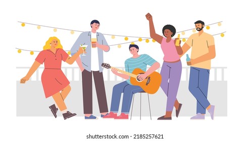 Friends are having a party on the rooftop. flat design style vector illustration.