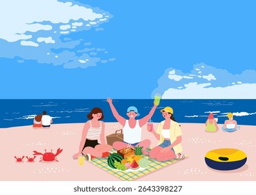 Friends Having a Picnic at the Beach on a Summer Day