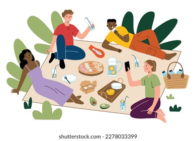 Friends having a picnic on nature, hand drawn composition with cartoon men and women relaxing outdoors, doodle icons of blanket, basket, vector illustration of party outside, eating snacks, lemonade