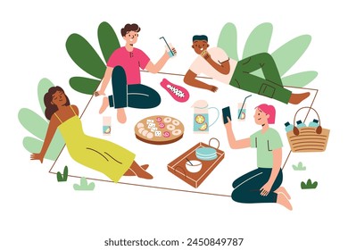 Friends having picnic in summer, cartoon people sitting on blanket, eating, drinking wine, vector illustrations of spring activity, relaxation in nature, happy men and women enjoying lunch outdoors