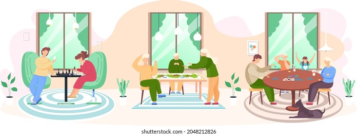 Friends having rest at home. Fun game. People spend time in different ways board games on table. Characters have spending great time together. Fantastic turn-based board game on table. Playing games