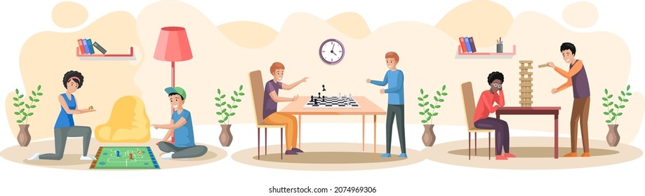 Amigos descansando en casa. Juego divertido. La gente pasa el tiempo de diferentes maneras jugando en la mesa. Los personajes pasan mucho tiempo juntos. Fantástico juego de mesa basado en el giro en la mesa. Juegos de juego