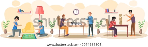 Friends having rest at home. Fun game. People spend\
time in different ways board games on table. Characters have\
spending great time together. Fantastic turn-based board game on\
table. Playing games