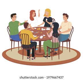Friends having rest at home. People spend time in different ways with board games on table. Cartoon characters have great time together vector illustration. Fantastic turn-based board game on table
