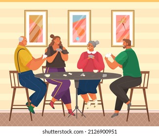 Friends having rest at home. People spend time in different ways with board games on table. Cartoon characters have great time together vector illustration. Fantastic turn-based board game on table