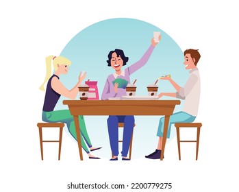 Friends having a snack together and playing cards, flat cartoon vector illustration isolated on white background. People eating together and having fun.