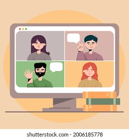 Freunde haben einen Videoanruf in einem Computer. Leute chatten über das Internet. Vektorflache Cartoon-Illustration.