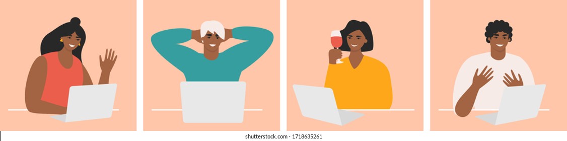 Amigos haciendo una videollamada. Gente con laptops hablando en una videoconferencia en línea. Gente sonriendo y saludando en cámaras web. Equipo en una reunión remota. Ilustración vectorial plana