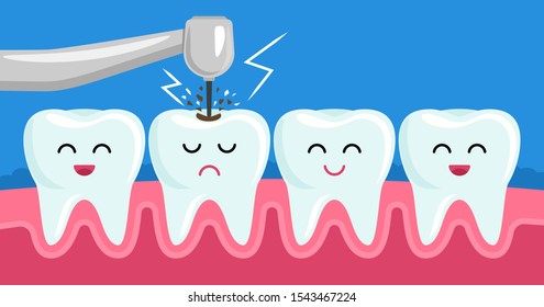  friends healthy teeth and bad tooth drills a medical drill. concept  stomatology of pediatric . dental diseases such as periodontitis, caries, tartar, fissure. vector illustration
