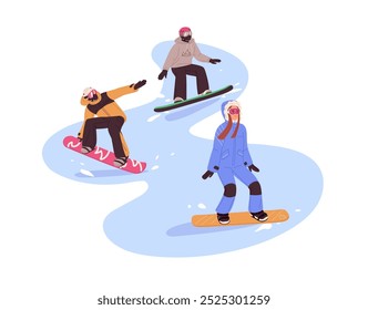 Amigos en casco, gafas de snowboard juntos. Grupo de jinetes se desliza hacia abajo con tablas de nieve. Personas de paseo con equipo en pendiente en invierno. Ilustración vectorial aislada plana sobre fondo blanco