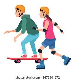 Friends with helmets riding with skateboard and skates ,vector illustration graphic design.
