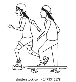 Friends with helmets riding with skateboard and skates ,vector illustration graphic design.