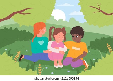 Friends help and comfort sad depressed child feeling hurt. Kids consoling crying unhappy girl with troubles in park together flat vector illustration. Sympathy, consolation, friendship concept