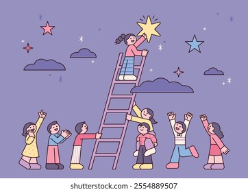 Friends are helping each other to reach the stars. A child reaching for a star using a ladder. outline simple vector illustration.