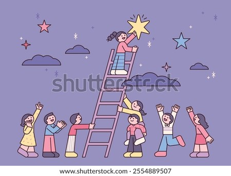 Friends are helping each other to reach the stars. A child reaching for a star using a ladder. outline simple vector illustration.