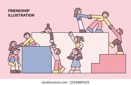 Friends are helping each other up the stairs. They are holding hands and lifting each other up on their shoulders. outline simple vector illustration.