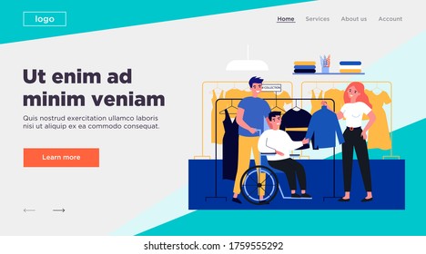 Friends helping handicapped man in clothes store. Assistance, care, nursing flat vector illustration. Friendship and relationship concept for banner, website design or landing web page