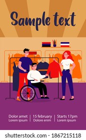 Friends helping handicapped man in clothes store. Assistance, care, nursing flat vector illustration. Friendship and relationship concept for banner, website design or landing web page