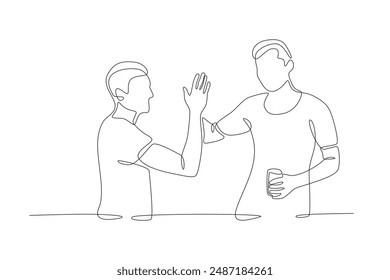 Friends high-fiving each other. Friendship day concept one-line drawing