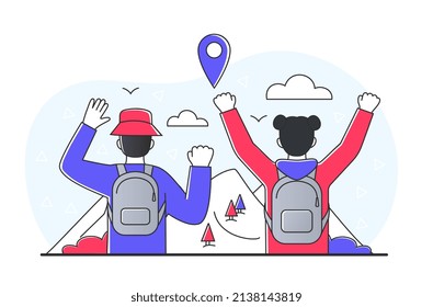Friends hiking concept. Man and girl look at mountains, adventure and travel. Active lifestyle and sports. Climbers on weekend evaluate route, people outdoor. Cartoon flat vector illustration
