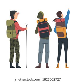 Friends Hiking on Nature, Back View of Travelers with Backpacks Looking into the Distance, Summer Vacation Adventures Cartoon Style Vector Illustration