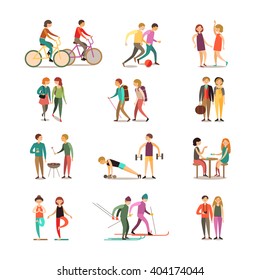 Friends and hobbies decorative icons set with hiking dancing soccer skiing barbecue sightseeing isolated vector illustration 