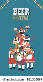 friends holding beer mugs and playing musical instruments Oktoberfest party celebration concept mix race people having fun vertical full length vector illustration