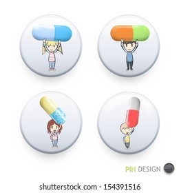 Friends holding colorful pill printed on button. Vector design
