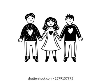 Friends holding hands outline drawing with heart sweaters

