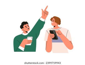 Amigos sosteniendo teléfonos móviles, hablando, discutiendo y compartiendo ideas para los medios sociales. Felices personajes jóvenes con smartphones. Ilustración vectorial gráfica plana aislada en fondo blanco