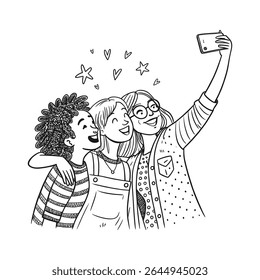Friends holding phone together to take group selfie, smiling happily – Vector Illustration