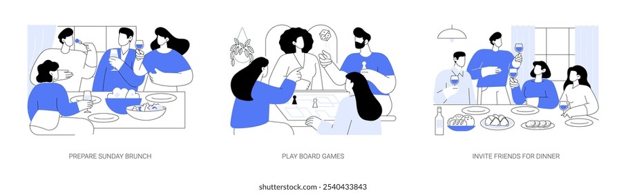 Amigos en el hogar Ilustraciones vectoriales de dibujos animados aislados. Diversas personas preparan el brunch del domingo, juegan juegos de mesa juntos, invitan a un amigo a cenar, se sientan en la mesa en la caricatura del Vector del fin de semana.