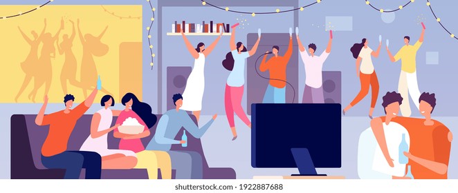 Friends Home Party. Apartment Evening, Young Teens Night Dance At Flat. People Talk, Watch Tv Or Playing Video Game Utter Vector Illustration