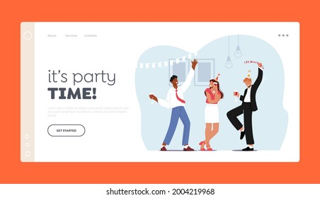 Friends Home Party Landing Page Template. Friends Meeting, Corporate. Young Woman and Men in Funny Hats Clink Glasses with Alcohol Drink Have Fun, Celebrate Event. Cartoon People Vector Illustration