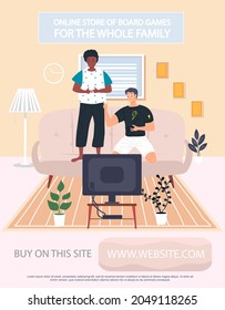 Friends At Home Sitting And Watching Movie Together. Male Characters Are Relaxing, Two Guys Watching Tv. Family Pastime In Living Room. Online Store Of Board Games For Whole Family Concept Poster