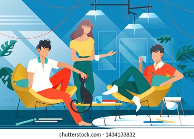 Friends at home vector illustration. Smart people sitting in living room with comfy chairs. Man in red shirt holding ceramic cup with hot beverage flat style concept