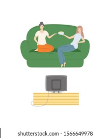 Friends at home watching movies vector, girls evening woman eating popcorn from bowl and looking at screen of television, female on comfortable sofa