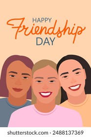 Friends hug and smile. Happy Friendship Day greeting card.