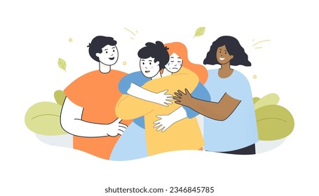 Amigos abrazando y reconfortando la ilustración vectorial de una mujer llorando. Dibujo de caricatura de personas que entienden las emociones de las niñas. Amistad, comunicación, psicología, emociones, concepto de empatía