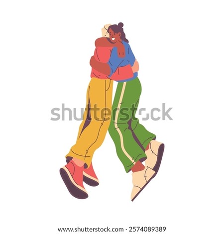 Friends hugging each other, isolated greeting of boyfriend and girlfriend on date. Family members cuddling and smiling, close people relationship. Flat cartoon character, vector illustration