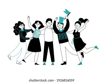 Friends hugging. Friend group, cartoon people crowd. Unity friendship, hug day or celebrations. Decent community team support vector concept