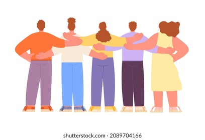 Friends hugging. Happy teen, friend helping and hug. Friendship empathy, family or students group. People backs view, isolated community utter vector scene