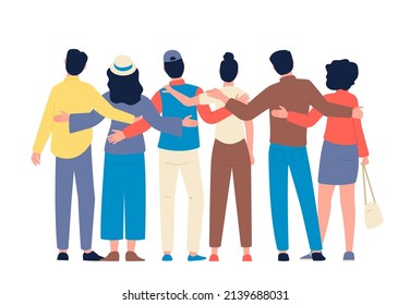 Friends hugging. Love bonds, backside view people hug together. Celebrating or greetings group, empathy friendship and support, recent vector concept