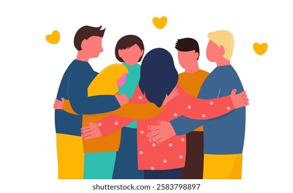 Friends hugging. Love bonds, backside view people hug together. Celebrating or greetings group, empathy friendship and support, recent vector concept