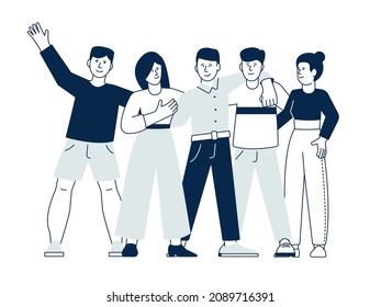 Friends hugging. Meeting friend and hugs, diverse people team. Students group, girl boy friendly relationships. Friendship, empathy and reunion recent vector concept