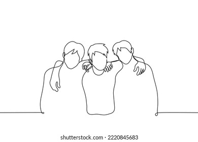 amigos abrazando hombros - un vector de dibujo de una línea. concepto de un grupo de amigos posando para una foto