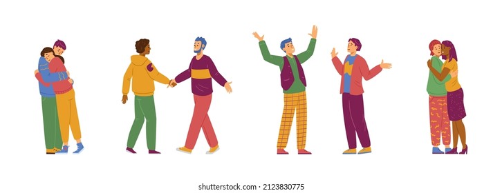 Friends hugs and greeting embraces scenes set with people greeting each other and expressing friendship, flat vector illustration isolated on white background.