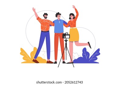 Friends hugs and is photographed with camera on tripod. Men and woman have fun together and take selfie photo, people scene isolated. Best memories concept. Vector illustration in flat minimal design